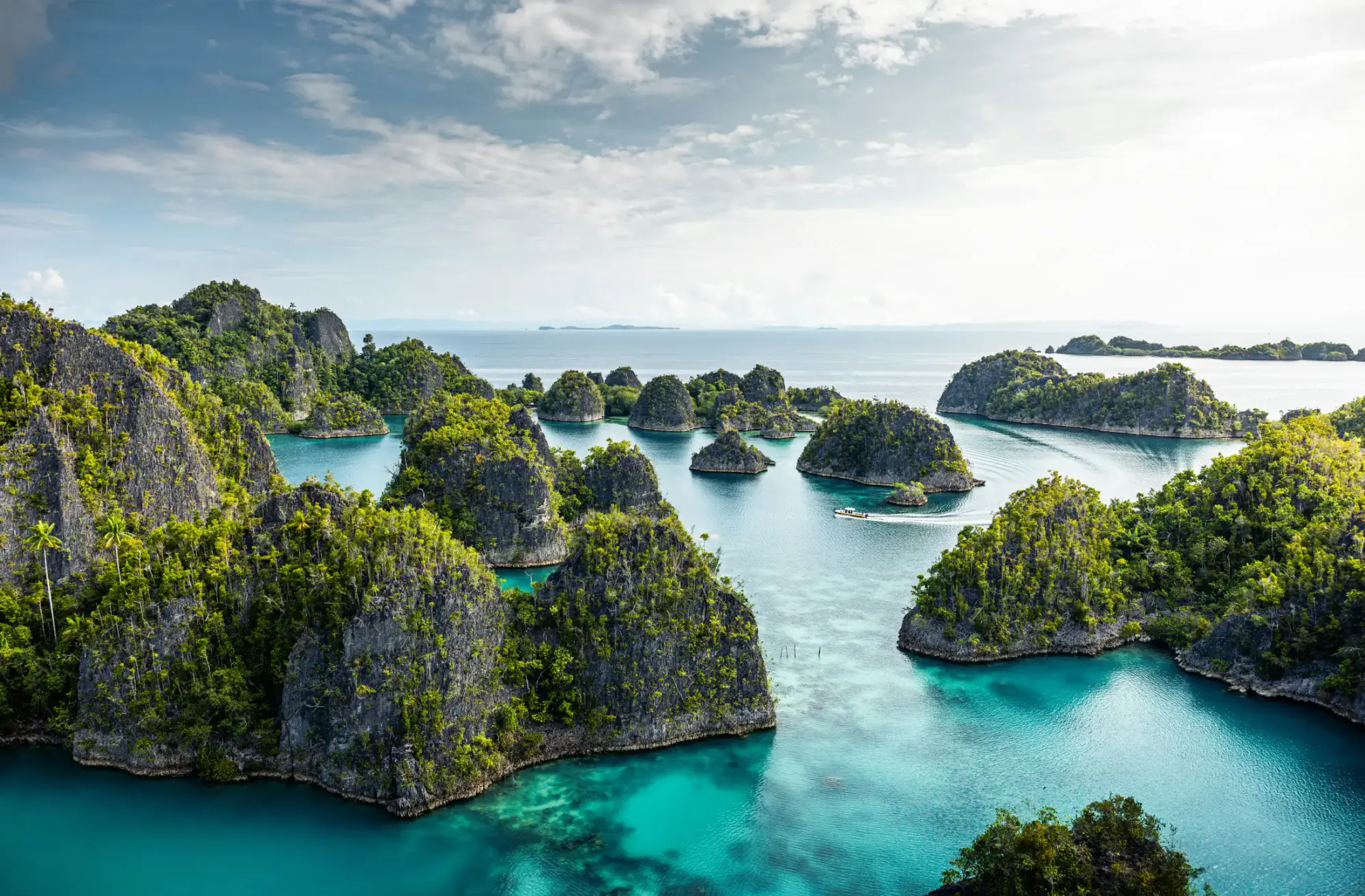 A broad view of forested islands surrounded by clear blue water.